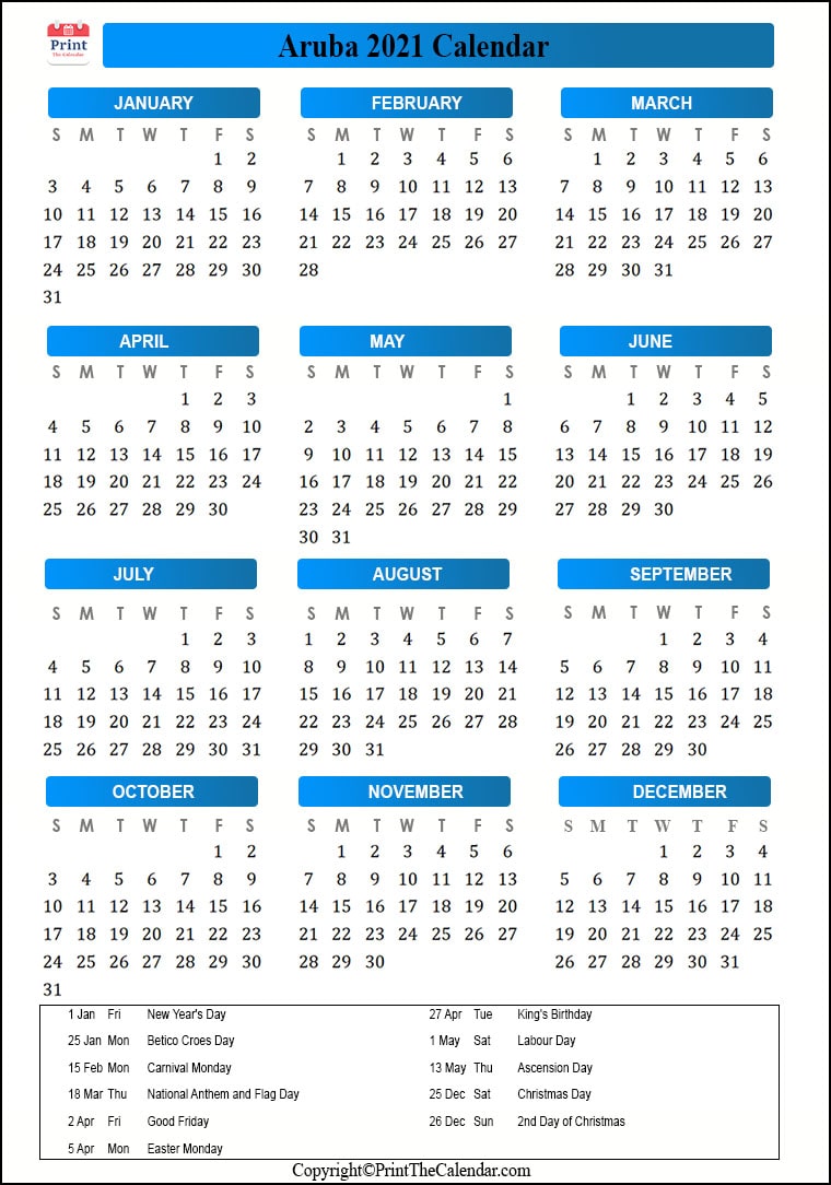 Aruba Holidays 2021 [2021 Calendar with Aruba Holidays]